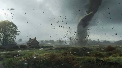 serene countryside landscape transformed by the fury of a tornado, debris swirling as the powerful...