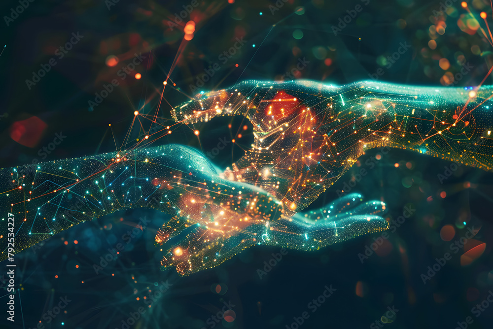 Poster ai, machine learning, hands of robot and human touching on big data network connection background, s