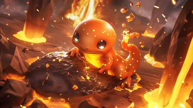 Cute salamander character in lava