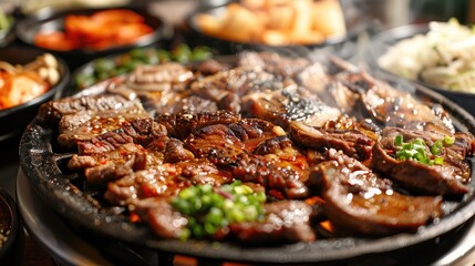 Fototapeta premium sizzling platter of Korean barbecue, with marinated beef bulgogi and tender pork belly grilled to perfection, served with an array of banchan side dishes.