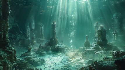 An artistic rendering of a surreal underwater world where a motherboard serves as the seabed.