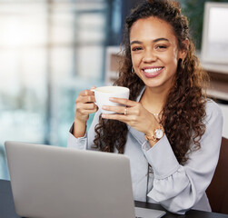 Desk, coffee and portrait of woman with laptop in office for research, break or feedback on...