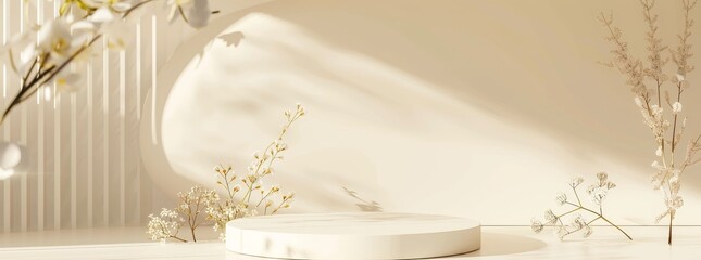Elegant minimalistic podium with shadows and delicate flowers, ideal for product display