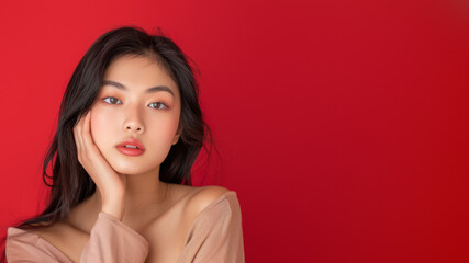 A contemplative young woman poses before a red background, embodying thoughtful beauty