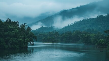 tranquil river winding through a misty landscape, swollen with rainwater during the monsoon season, nurturing lush vegetation along its banks.