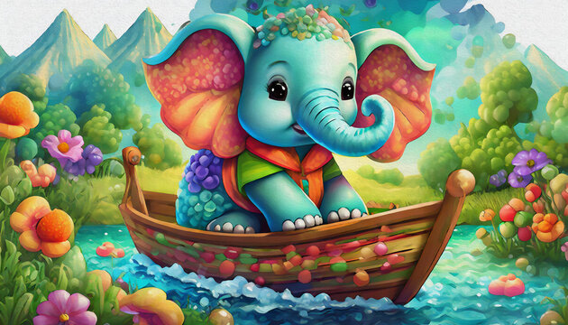 CARTOON CHARACTER CUTE baby elephant he rides in a boat on the lake, oil painting style 