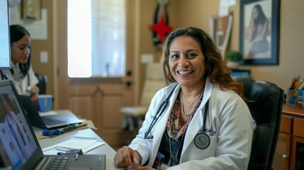 A Latina doctor in a home office setting smiles warmly at a patient on a video call, a nurse prepares notes on a laptop beside her.