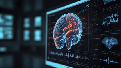 Digital interface displaying brain testing results against a laboratory or surgical backdrop, showcasing innovative advancements in science and medicine. Cutting-edge medical technology Generative AI