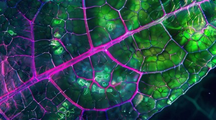 Magnified image of a leafs epidermis with fluorescent dye highlighting the movement and activity of various structures involved in - obrazy, fototapety, plakaty