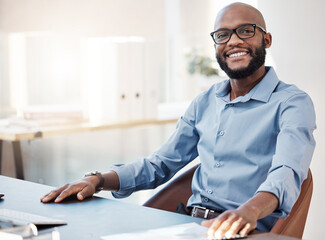 Smile, glasses and portrait of black man in office for corporate legal case with startup. Technology, happy and confident African male attorney working on law procedure for policy review in workplace - obrazy, fototapety, plakaty