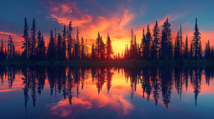 Naklejka na ściany i meble Tranquil Sunset Over Forest Lake