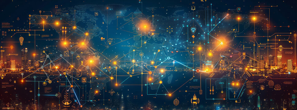 Global Network: Map with connecting lines, screens with landmarks.generative ai