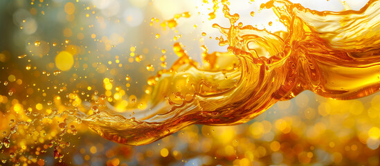 Golden liquid, oil or juice or yellow water splash close up. 