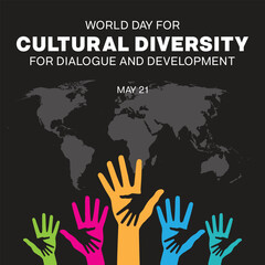 World Day for Cultural Diversity for Dialogue and Development design. It features colorful helping hand with a world map. Vector illustration. - obrazy, fototapety, plakaty
