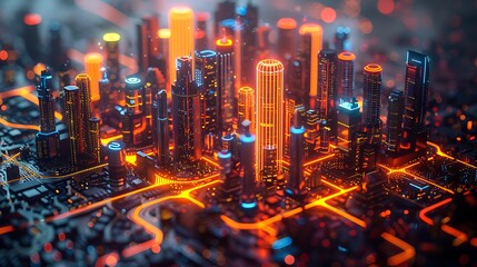 A dynamic depiction of a motherboard as a futuristic cityscape, illuminated by multicolored LEDs that map out an intricate network of roads. - obrazy, fototapety, plakaty