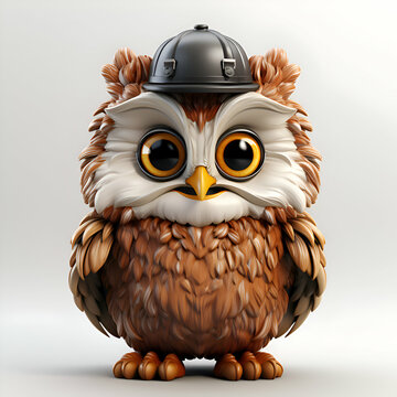 Owl in a helmet on a white background. 3D illustration.