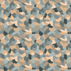 Peach and gray pastel-hued elements arranged in camouflage seamless pattern. Polygon shaped elements organized in a surface art texture for printing or use in graphic design. - obrazy, fototapety, plakaty