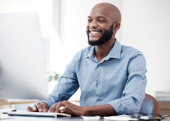 Computer, typing and black man with smile in office for research with corporate legal case for startup. Technology, happy and African attorney working on law procedure for policy review on desktop.
