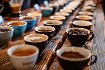 An array of coffee cups arranged on a long wooden table, each cup's contents exhibiting different colors and textures - Generative AI - obrazy, fototapety, plakaty