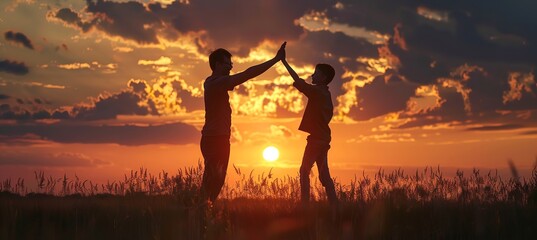 Father-Son Celebration: Silhouette of a Happy Father High-Fiving His Son

 - obrazy, fototapety, plakaty