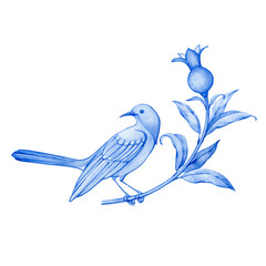 Bird on a pomegranate tree branch - illustration in blue, hand drawn and isolated. Blue floral element with bird for your projects