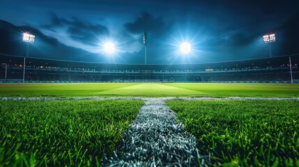 Empty grass field and illuminated outdoor soccer stadium - AI Generated