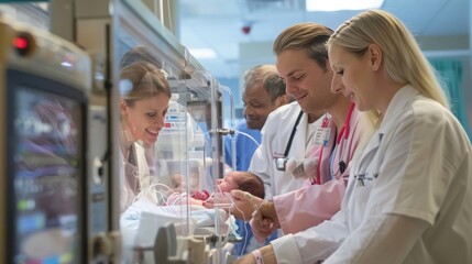A team of doctors and nurses huddle around a premature baby in an incubator, one adjusting an IV drip while another checks vital signs on a monitor.