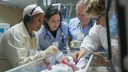 A team of doctors and nurses huddle around a premature baby in an incubator, one adjusting an IV drip while another checks vital signs on a monitor.
