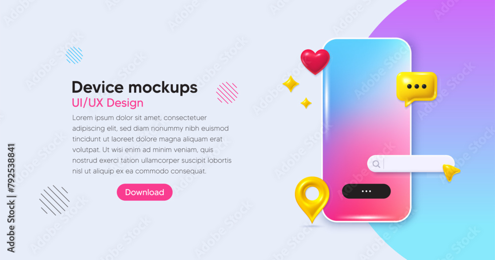 Aufkleber mobile phone social media banner. search bar app interface template. phone 3d mockup with chat speec