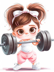 cute little girl with big eyes and chubby cheeks is lifting weights in the gym. - obrazy, fototapety, plakaty