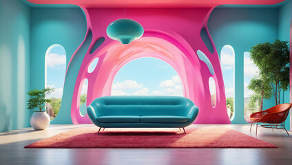 A colorful, modern room with a sofa, table, lamp, and plant vase, Generative AI