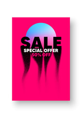 Sale offer layout template design. Poster design with abstract shapes. Purple sale banner with noise grain dots. Discounts offer flyer, sale event poster, special offer brochure. Vector illustration