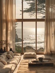 Serene Coastal Living Room With Ocean View at Sunset