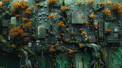 A panoramic view of a PC motherboard reimagined as a dense jungle landscape, where circuits act as tangled vines and components as trees.
