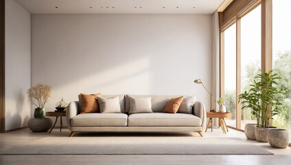 Modern style room with sofa, table, lamp and plant vase, Generative AI