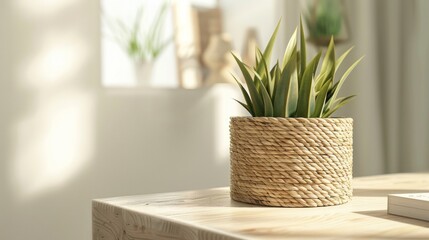 Blank mockup of a woven seagrass plant pot bringing a natural and coastal vibe to any room. .