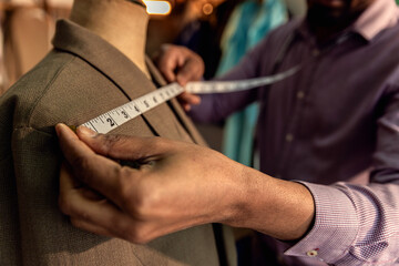 Close up of male fashion tailor hand working on the measurements for the suit design in his...