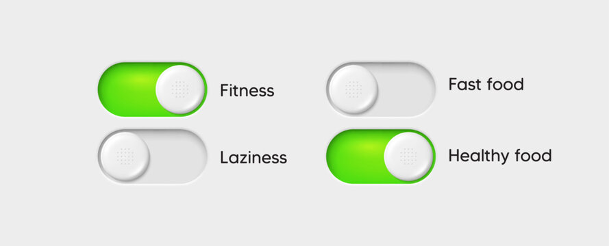 On and Off toggle switch buttons. Slider switch buttons set. Mobile app interface design. Toggle choice green buttons. Select preferences. Interface with active slide control. Vector illustration