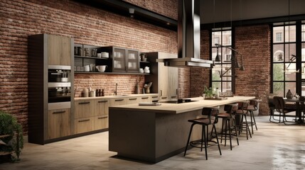 A kitchen featuring a brick wall and a spacious island for gourmet cooking and entertaining
