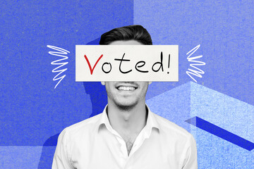 Composite photo collage of smile guy ballot voted election democracy choice freedom president decision isolated on painted background - obrazy, fototapety, plakaty