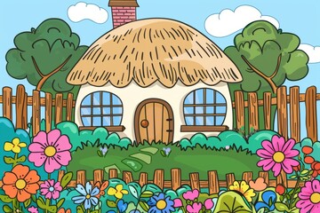 Cartoon cute doodles of a cozy cottage with a thatched roof, surrounded by colorful flowers and a picket fence, Generative AI