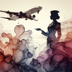 Flight attendants with watercolor illustration with Generative AI. - obrazy, fototapety, plakaty