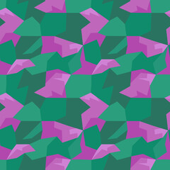Geometrically designed elements in fuchsia and green tones organized in a camouflage seamless pattern. Polygon shaped elements surface art texture for printing or use in graphic design. - obrazy, fototapety, plakaty