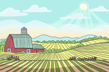 Cartoon cute doodles of a farmstead with a red barn, silo, and rows of crops stretching to the horizon, Generative AI - obrazy, fototapety, plakaty