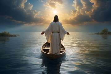 Jesus miraculously walks on water and calms the sea - obrazy, fototapety, plakaty