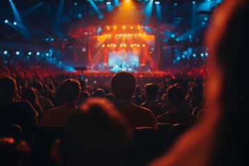 A mesmerizing view of a concert crowd watching a vibrant stage, bathed in colorful lights and...