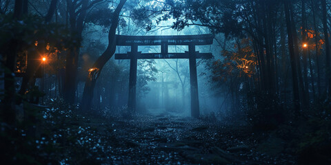 Japanese torii Shinto shrine gate in the night forest, creepy ambience.