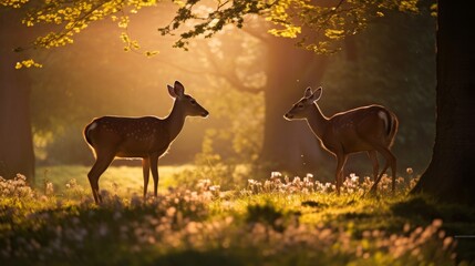 Two majestic deer standing together in a lush forest setting