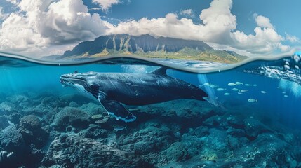 Below the surface, a split view offers a unique glimpse into the underwater world, where a majestic whale shares its habitat with a diverse array of marine life. - obrazy, fototapety, plakaty