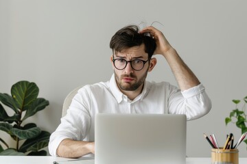 Man office worker sitting at his desk, looking confused and reaching for his hair as he watches the laptop screen. The man is wearing glasses. Panicking and wondering what to do next